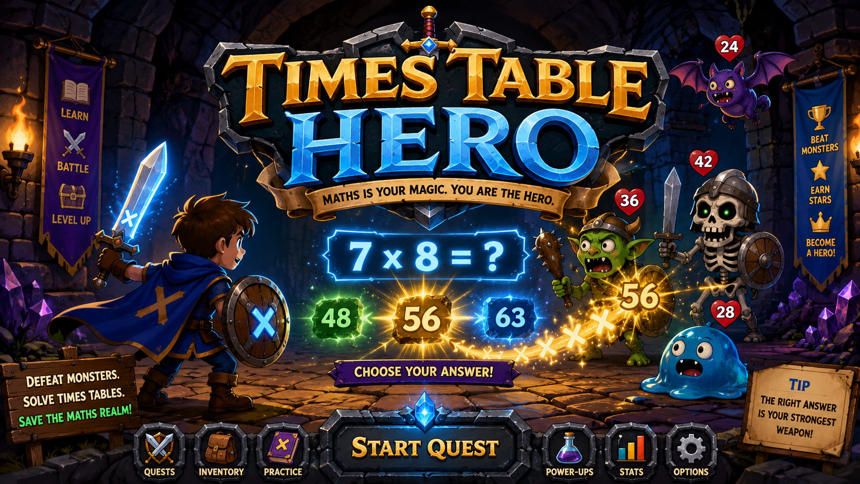 Time Tables Hero key art with a sword-and-shield hero facing dungeon monsters and a times-table question