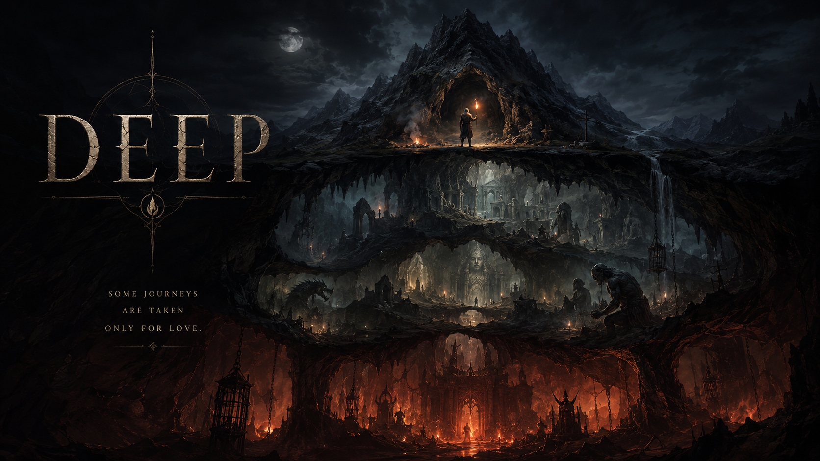 Deep key art: a vast cross-section of a mountain cave system descending into darkness, a lone torch-bearer at a moonlit cave mouth at the top, ruined buried settlements and waterfalls in the caverns below, and fire and lava in the depths, beneath the ornate Deep logo and the line Some Journeys Are Taken Only For Love.
