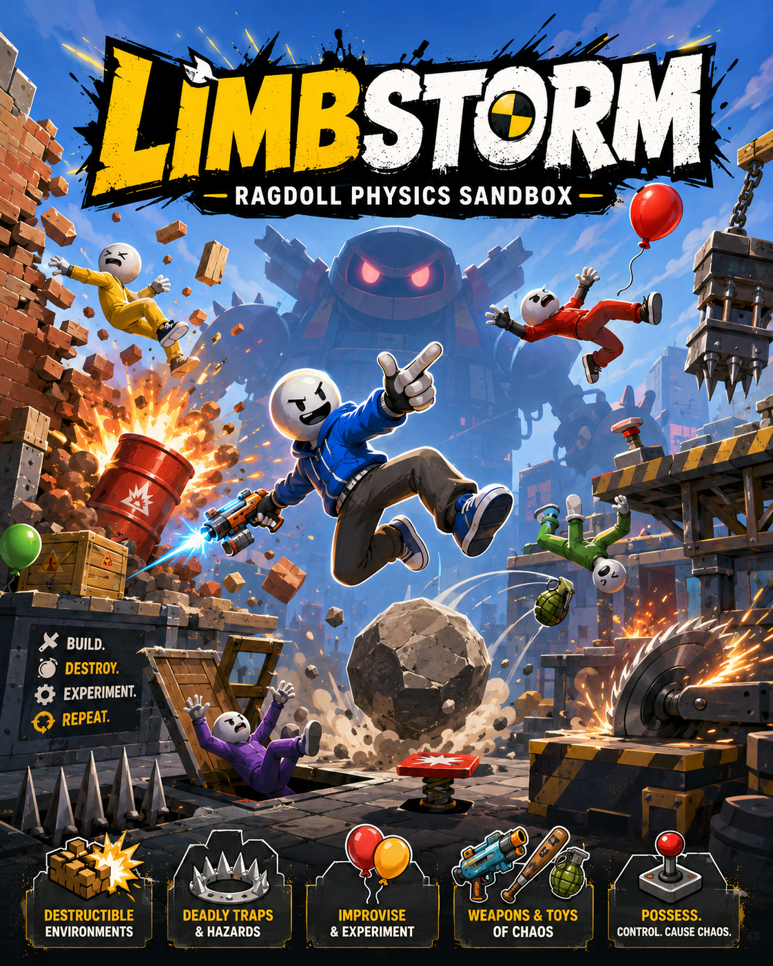 Limbstorm key art with a flailing test dummy, wrecking ball, monsters, and weapons on a construction-site playground