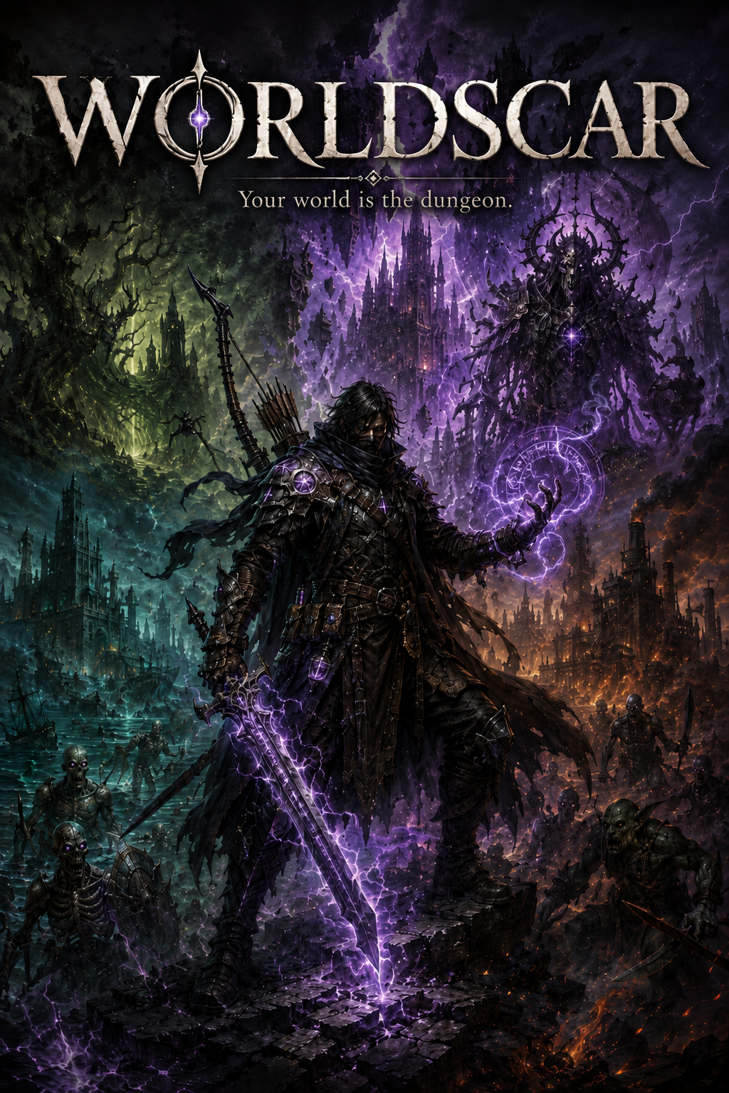 Worldscar key art: a backpacked explorer holds up a phone on a city street as a glowing hex-grid path, a lightning-wreathed golden owl, a towering moss-covered horned beast, and a spectral blue wolf rise from the real world around them, beneath the ornate Worldscar logo and the line The Real World, Untamed.